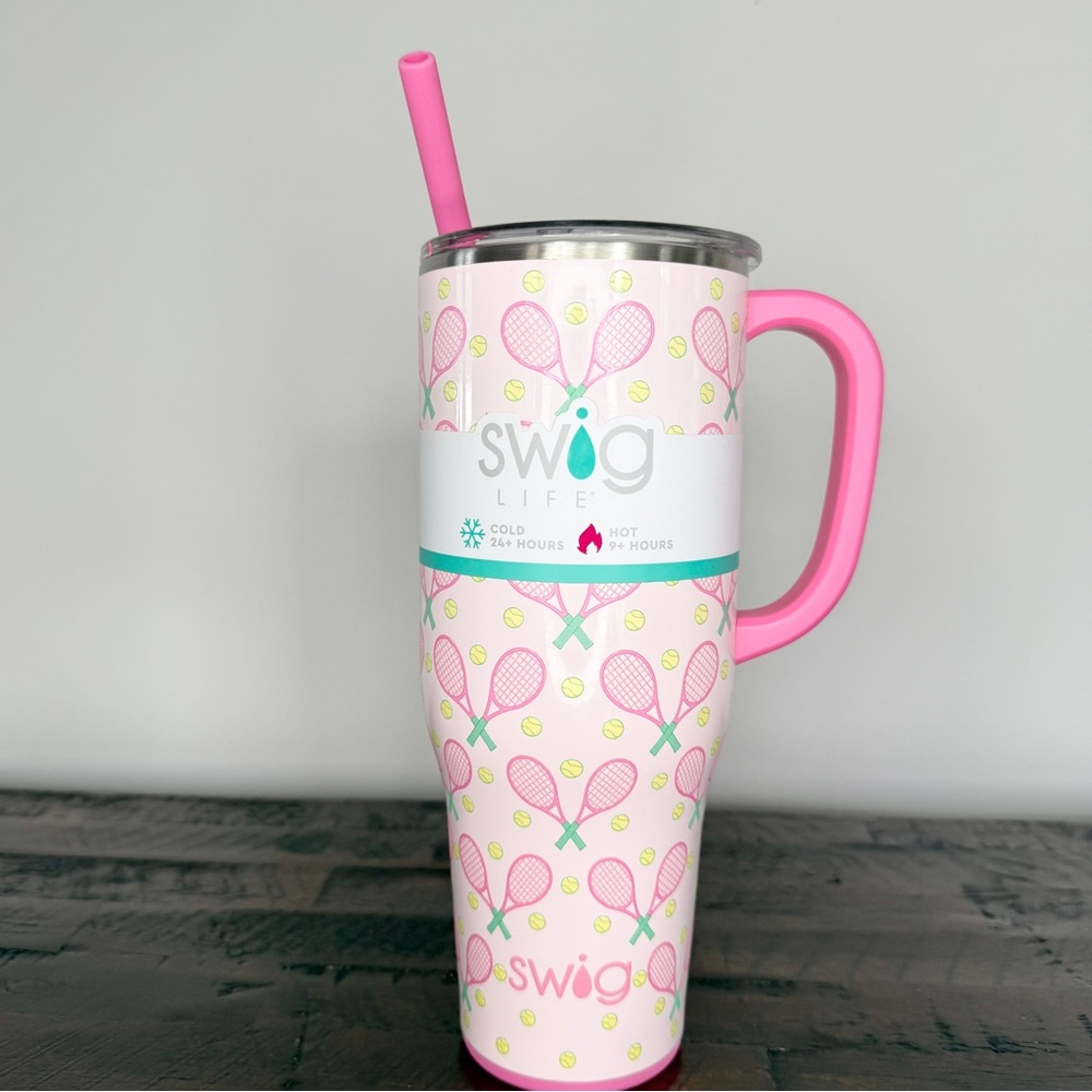Swig Life Insulated Mega Mug 40oz in Love All Tennis Pattern Travel Tumbler Pink